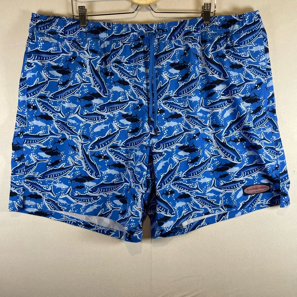 Vineyard Vines Chappy Swim Trunks 3XB Blue Fishing Print 7” NWT